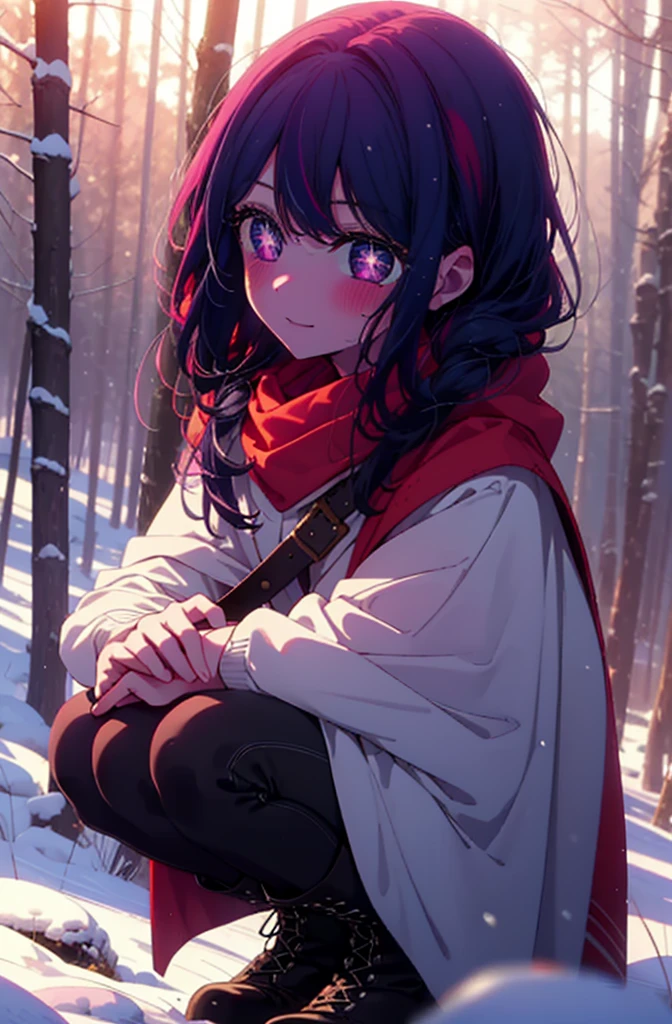 aihoshino, Ai Hoshino, Long Hair, bangs, (Purple eyes:1.1), Purple Hair, (Symbol-shaped pupil:1.5), smile,,smile,blush,white breath,
Open your mouth,snow,Ground bonfire, Outdoor, boots, snowing, From the side, wood, suitcase, Cape, Blurred, , forest, White handbag, nature, Squat, Mouth closed, Cape, winter, Written boundary depth, Black shoes, red Cape break looking at viewer, Upper Body, whole body, break Outdoor, forest, nature, break (masterpiece:1.2), Highest quality, High resolution, unity 8k wallpaper, (shape:0.8), (Beautiful and beautiful eyes:1.6), Highly detailed face, Perfect lighting, Highly detailed CG, (Perfect hands, Perfect Anatomy),