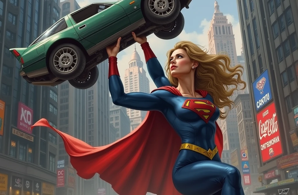 Superwoman lifting a car