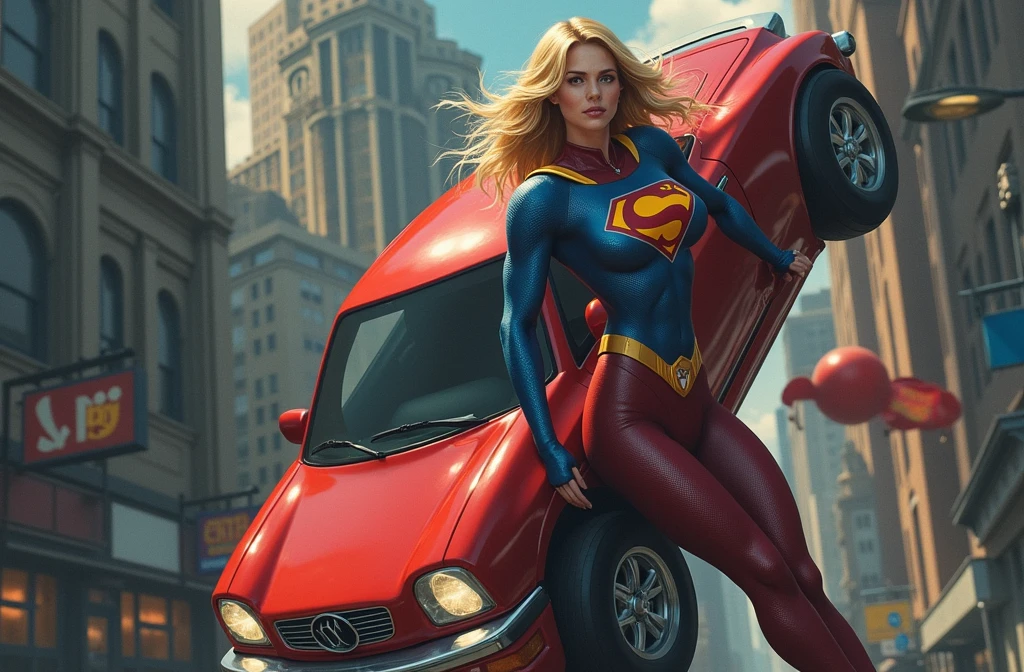 Superwoman lifting a car