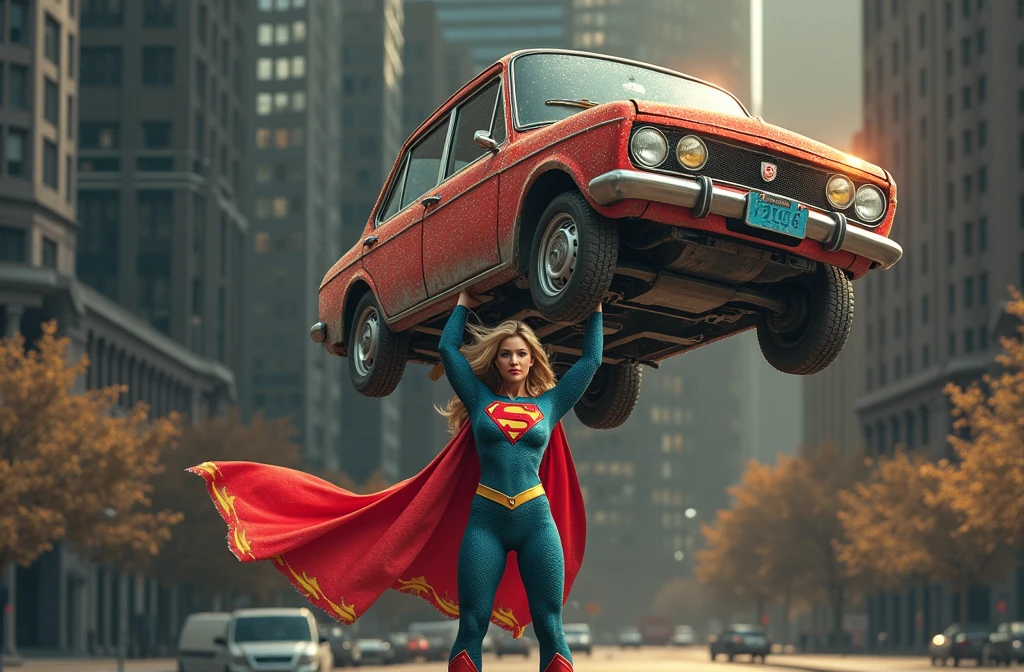 Superwoman lifting a car