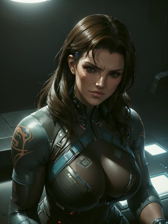 Detailed portrait cyberpunk (Gina Carano) (sks woman) (40 year old sks woman), futuristic neon reflective wear, sci-fi, robot parts, ismail inceoglu dragan bibin hans thoma greg rutkowski alexandros pyromallis nekro rene margitte illustrated, perfect face, round breasts, wide hips, ((tattoo)), brunette (long hair),, matte skin, pores, wrinkles, cameltoe, hyperdetailed, hyperrealistic,, Moody Lighting, Hasselblad Award Winner, Soft Diffuse Lighting, Smirk,, machine face, fine details, realistic shaded, intricate, elegant, dominatrix