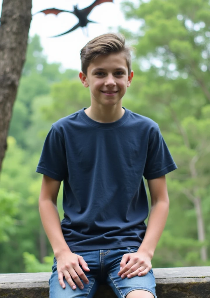 A realistic photo of a boy standing on the river bank wearing a black t shirt and white pants smiling at the camera