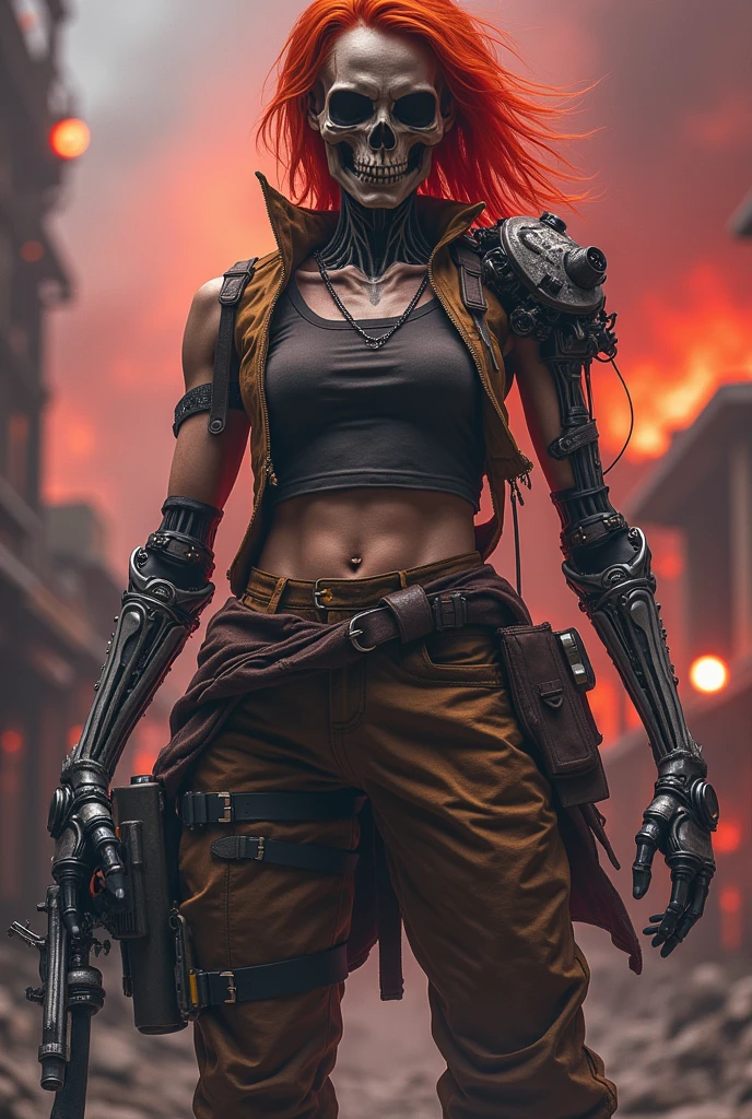 A highly detailed and realistic skull girl,( Anya. Taylor Joy) cyberpunk character, mad max furiosa, one hand robot, cyborg arm, orange hair, dramatic metal heavy rock theme, best quality, 8k, hyperrealistic, photorealistic, extreme detailed painting, studio lighting, vivid colors, dark moody atmosphere, cinematic, dramatic pose, intricate mechanical details, glowing energy effects, intense gritty textures, seamless integration of organic and inorganic elements. Wearing the used clothes of a wastelander. Background: An apocalyptic wasteland. Dusty and depressing.