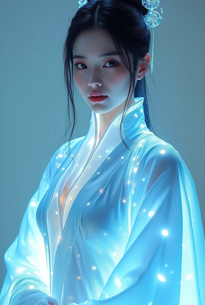 A luminous Chinese beauty (Dilraba Dilmurat) from ancient dynasties (221 BCE - 220 CE) stands majestically against a neutral background, her vibrant white-blue twotone Wuxia attire radiating an otherworldly aura. David Lachapelle's lens captures the frozen moment of her polished body, Si-fi graphics luminescent attire, and captivating gaze meeting the camera with unflinching intensity. reflected light liquid metal fabric attire, 8K resolution reveals razor-sharp features, high-contrast details, and Traditional Chinese hairstyles, while a subtle sheen on her lips hints at the application of Traditional lipstick, spiritual cosmic to realistic, reflected light Glass hair pin