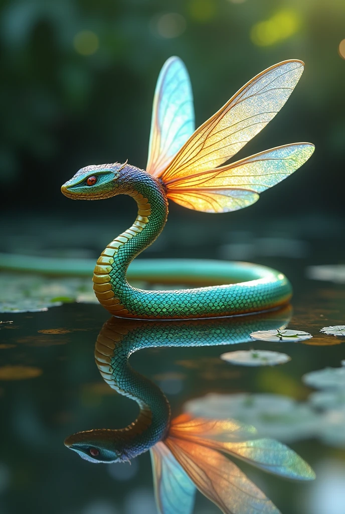 Dragonfly-Snake Fusion: Create an elegant image of a snake with the iridescent, translucent wings of a dragonfly. The snake’s scales shimmer in a spectrum of colors, and it hovers gracefully above a still pond.
