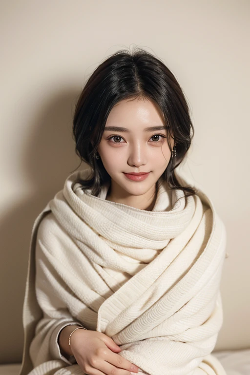 (Two pure Japanese girls,), (Small breasts:1.5,),(alone,,Textured skin, Detailed skin,Detailed face,Detailed eyes,detailed posing,Natural eyebrows,Sparkling eyes,Attention to detail, Highest quality, Very detailed, Surrealism, ,8k,RAW Photos,Photographicism,Professional Lighting,Ray Tracing,Portrait Photography,Soft Light),((Black Hair, Natural Makeup,Simple Earrings, Bob Hair,Wavy Hair,A seductive smile)),(((wrapped in a blanket on the bed)))