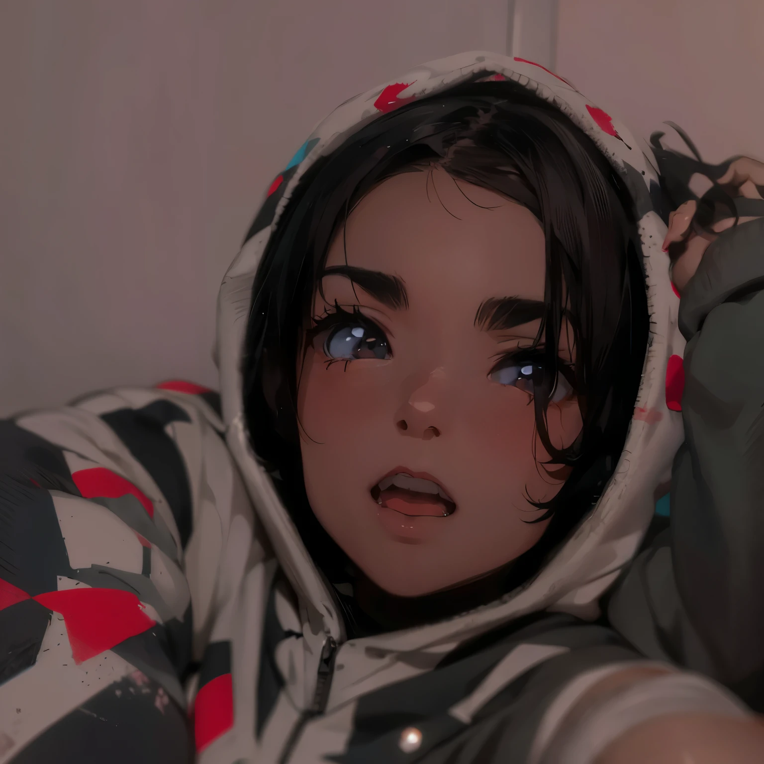 anime girl , Black hair, black eyes, white skin , Hoodie with its own hat
