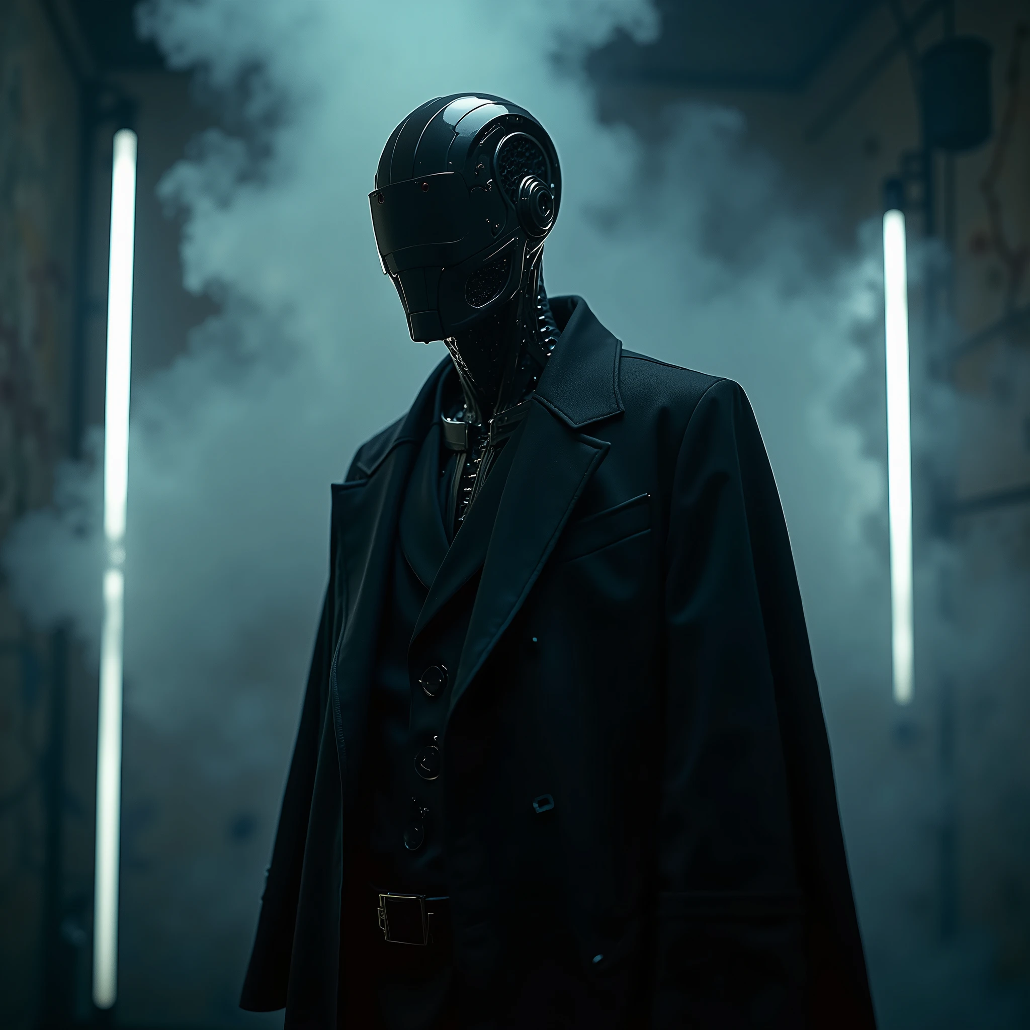 this is a very artistic and smart creation of a music album art desing. the tracks and the concept are related of techno music with a robotic , vampyric, gothic concept.. the main character is a black painted robot, 8192k , UHD, cinematic realistic lighting, artistic night view photo taken with a professional canon camera with next parameters : ISO 6400, f / 1.8 , speed range 1/60, led white lights on the bacground, black scary and smoky background