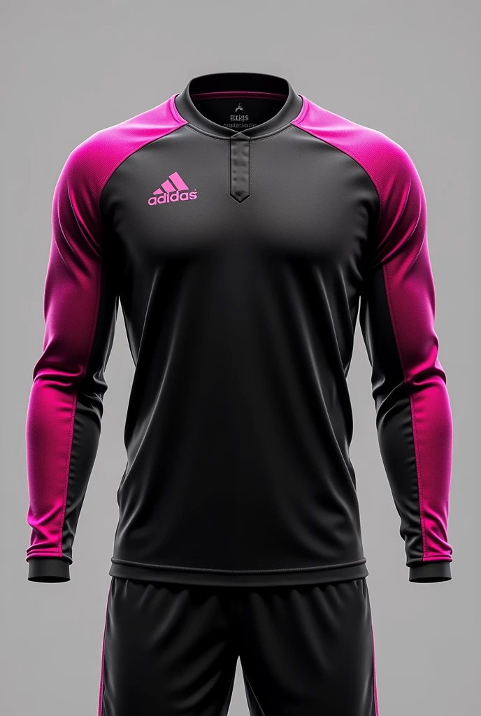Futsal uniform design for a goalkeeper in black and burgundy Make it long sleeve It would be nice if the shirt had more details and you could show it to me from the front Same but now instead of burgundy, fuchsia gradient The sleeve that is part of the shirt A little more details