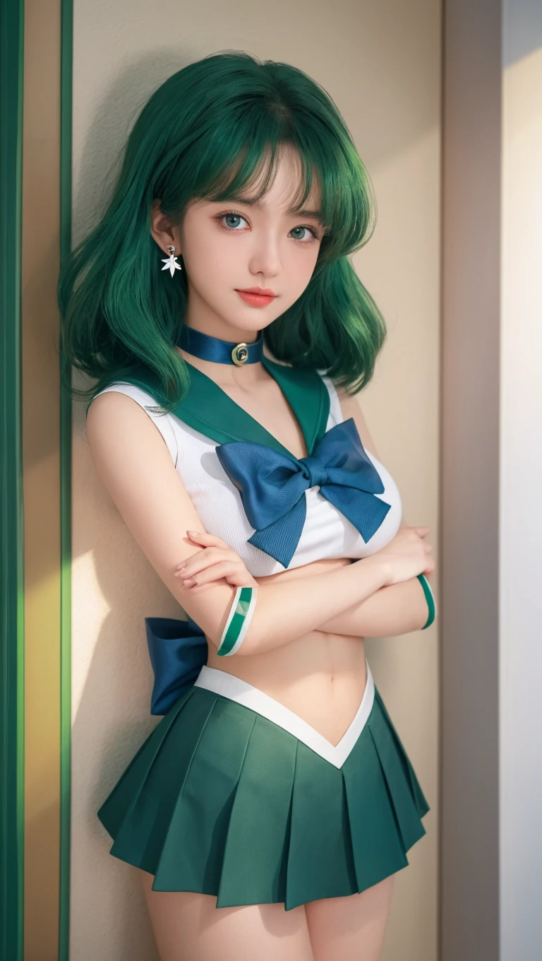 There is a woman with green hair and a green skirt posing - SeaArt AI