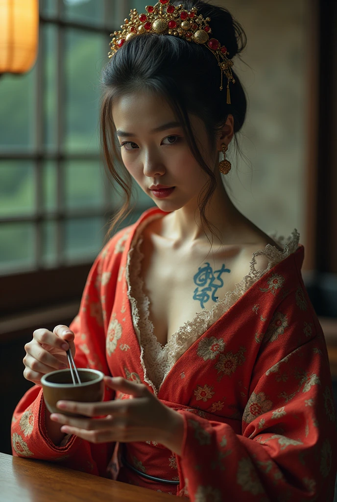 Create picture full body of a Asia girl 20yo, (jisoo blackpink)  hair and makeup like a geisha, wearing a geisha outfit, body tattoo ,frayed,
sitting and Make tea for yakuza, Atmosphere of ancient Japan,64k, grainy images, high resolution photos, strong contrast, Telephoto Lens, the image is dynamic, random post, random view,