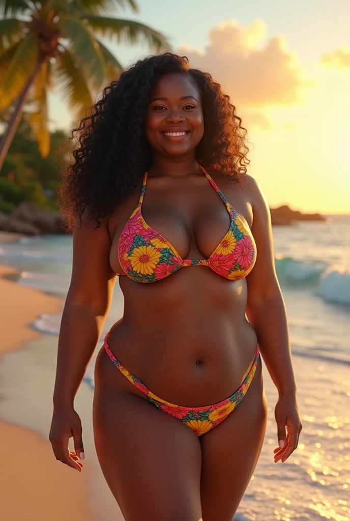 stunning, short, ugandan woman, plump and curvy body, wearing colorful bikini, detailed face, beautiful eyes, luscious lips, long curly hair, beautiful smile, posing on tropical beach, golden hour lighting, ocean waves, palm trees, photorealistic, 8k, hyper detailed, vibrant colors, cinematic lighting, masterpiece