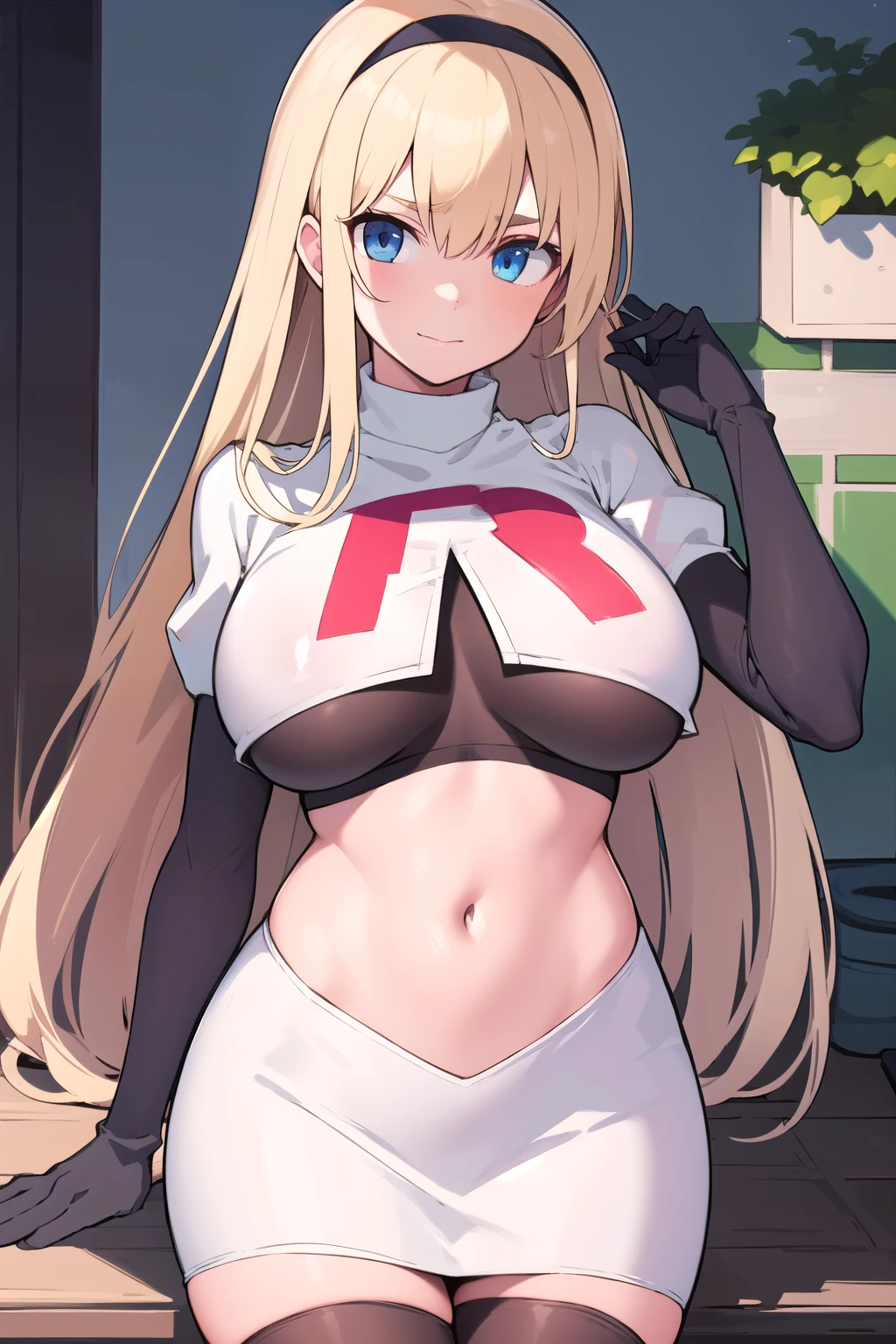 masterpiece, best quality,simple eyes,outdoors,1girl,north carolina,bangs, blonde_hair, blue_eyes,large breasts, eyebrows_visible_through_hair, hairband, long_hair, long_sleeves, looking_at_viewer, team rocket,team rocket uniform,white skirt,red letter R,crop top,black thigh-highs,black elbow gloves