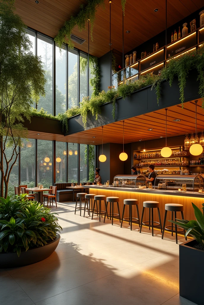 Create an image of a fast food restaurant called Urkunina with large windows and yellow lights inside that has plants and looks elegant. , and that has fast food and 3d logos