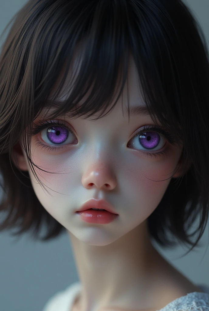 a young girl with short brown hair, purple eyes with dark circles, thin and pale skin, beautiful detailed eyes, beautiful detailed lips, extremely detailed eyes and face, long eyelashes, portrait, realistic, photorealistic, photo-realistic:1.37, best quality, 4k, 8k, highres, masterpiece:1.2, ultra-detailed, realistic, studio lighting, ultra-fine painting, sharp focus, physically-based rendering, extreme detail description, professional, vivid colors, bokeh
