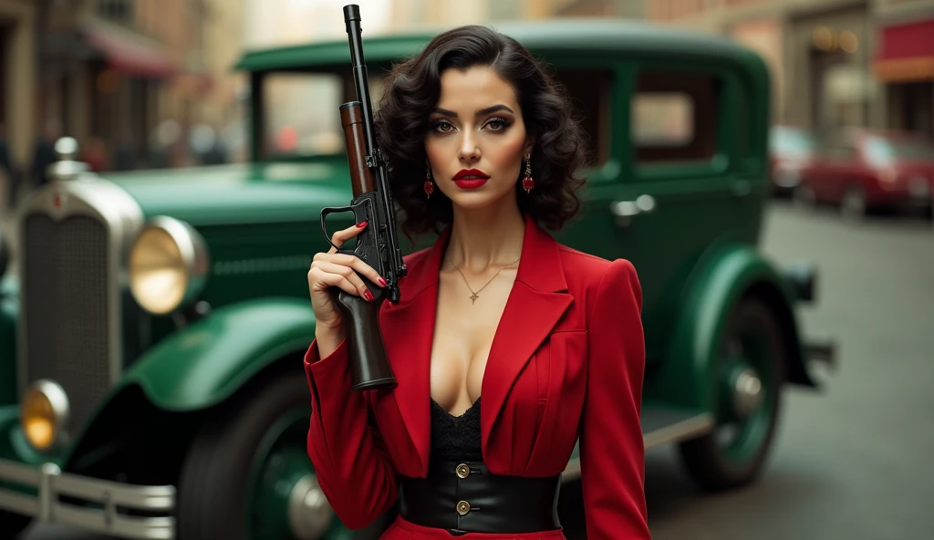 masterpiece, Pale skin, Red lips, Light eyes, Eyeshadow, Front view shot of a beautiful brunette woman，medium curly hair，Standing on the street，Holding a Thompson M1928A1 drum, Behind her is a 1928 Cadillac Town Sedan，Green on the left, She&#39;s wearing a red and black mafia suit, The skirt and jacket were draped over her shoulders，Like the Mafia, She also wore a hat, Garter belt and high heels, Very detailed body, Detailed cars and clothes, Chiaroscuro, Natural daylight, Very detailed, She and the car focus on the image