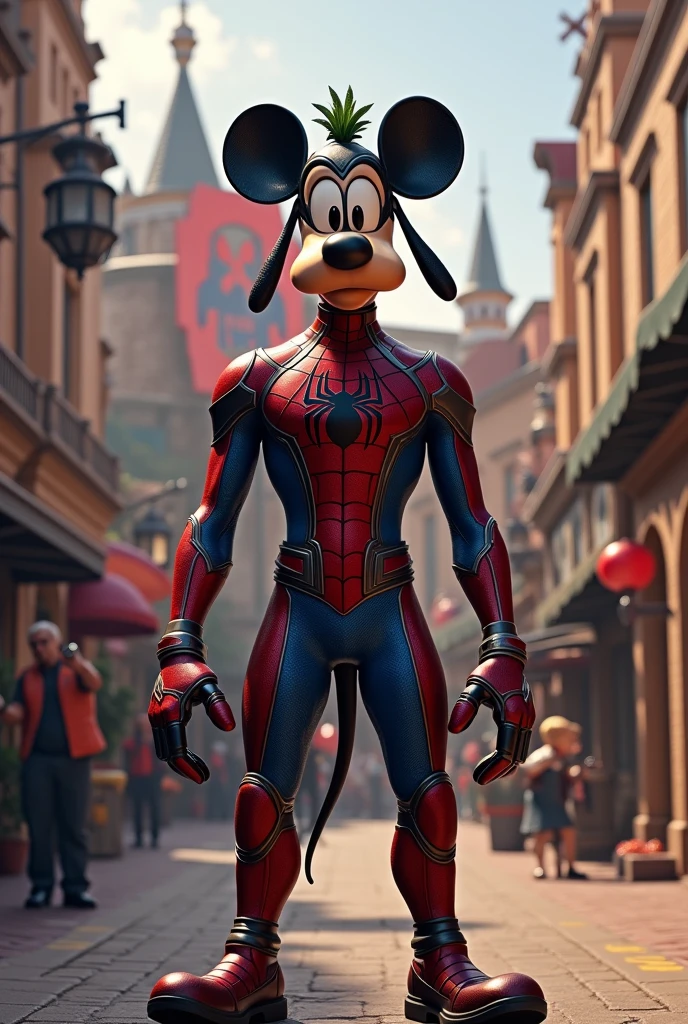 hình ảnh thực tế, Mickey Mouse Club movie, Goofy dog character, wear spider man armor