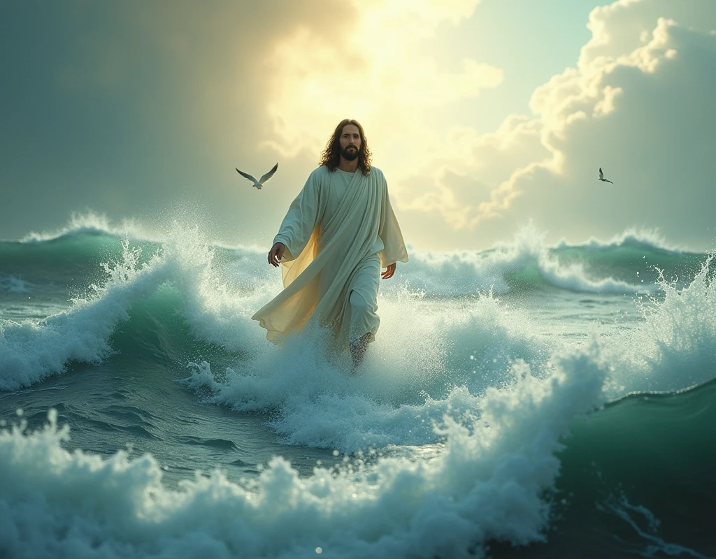 We need an image of Jesus walking water waves