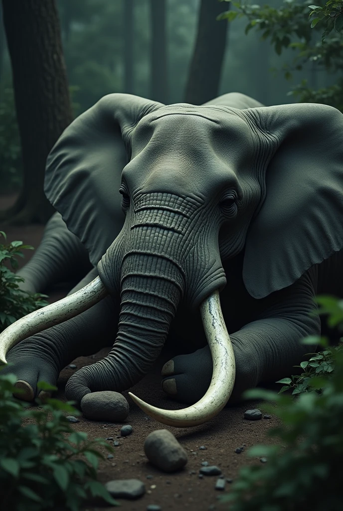 An elephant is sleeping on the ground while the ivory is removed from its tusks