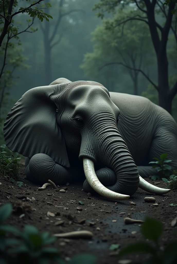 An elephant is sleeping on the ground while the ivory is removed from its tusks