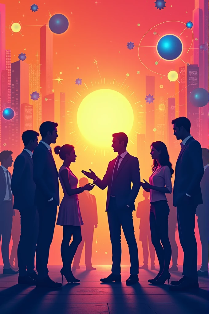 "Design a modern and dynamic poster for a presentation on 'Start-ups & Linkage with Innovation Ambassadors.' The poster should feature vibrant colors and a futuristic theme. Include visual elements that represent entrepreneurship, such as light bulbs, gears, and networks, to symbolize innovation and collaboration. Add silhouettes or icons of people connecting, sharing ideas, or shaking hands, to emphasize the linkage aspect. Ensure the text is bold and clear, with ample space for event details, making the poster visually appealing and informative."
