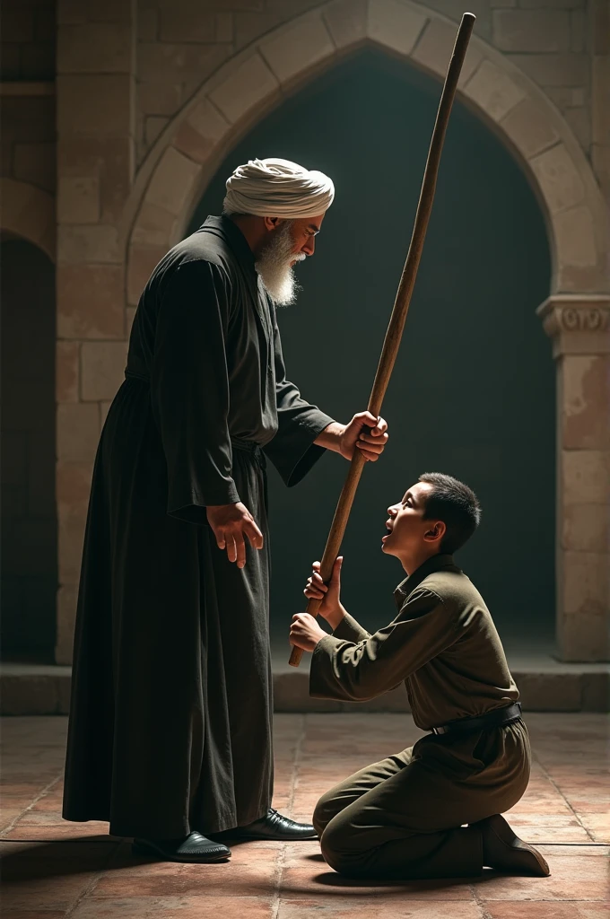 A madrasa master.  to a student  Beating with a big stick.  HD quality