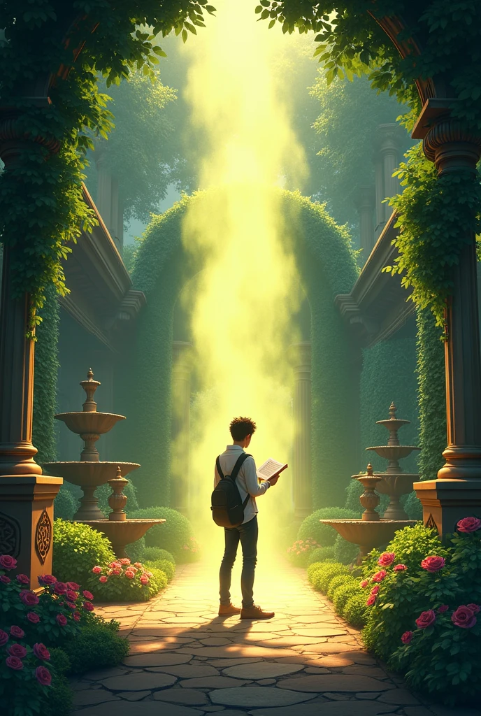 Panel 4:
(The room starts glowing as Jake finishes reading the note, and suddenly he is transported to the 1800s.)
Text:
As Jake finished the last line, the room began to glow. Before he could react, he found himself in a Victorian garden.