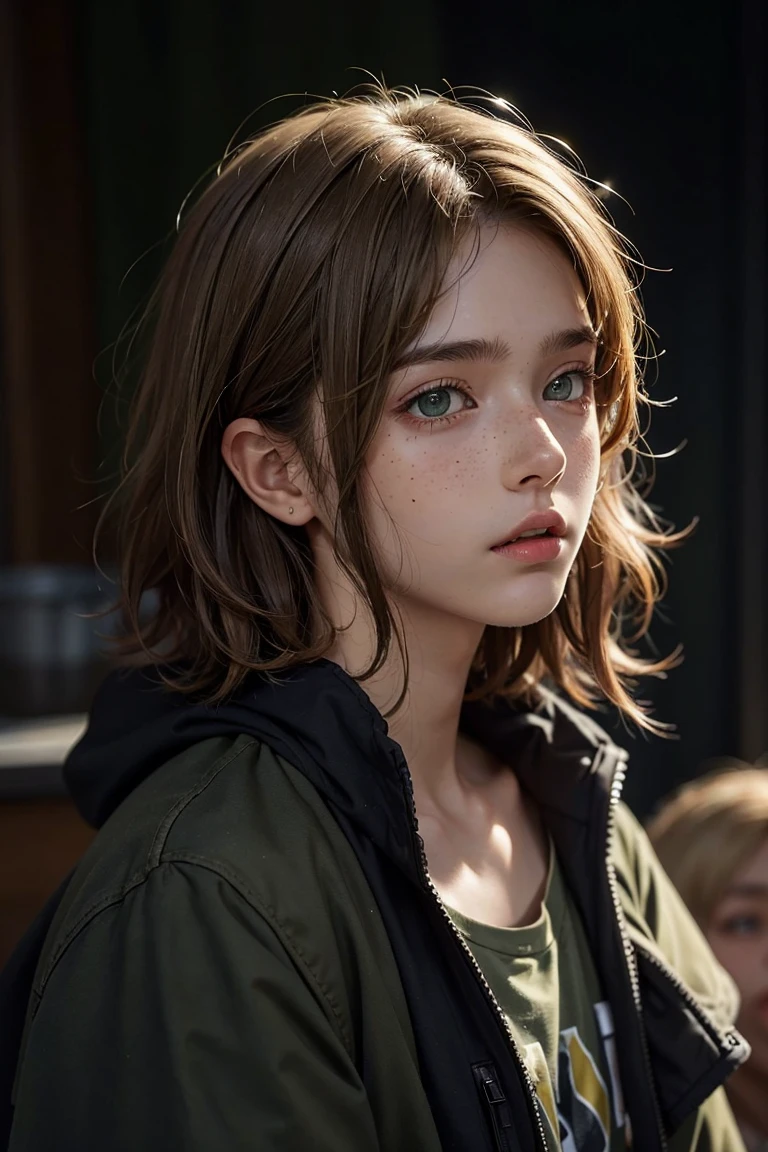 Male, Teen boy, tall, baggy fashion, blond-brown hair, short messy hair, short hair, olive green eyes, tan skin, freckles, soft features, face profile only, male, not female, male, man, not women