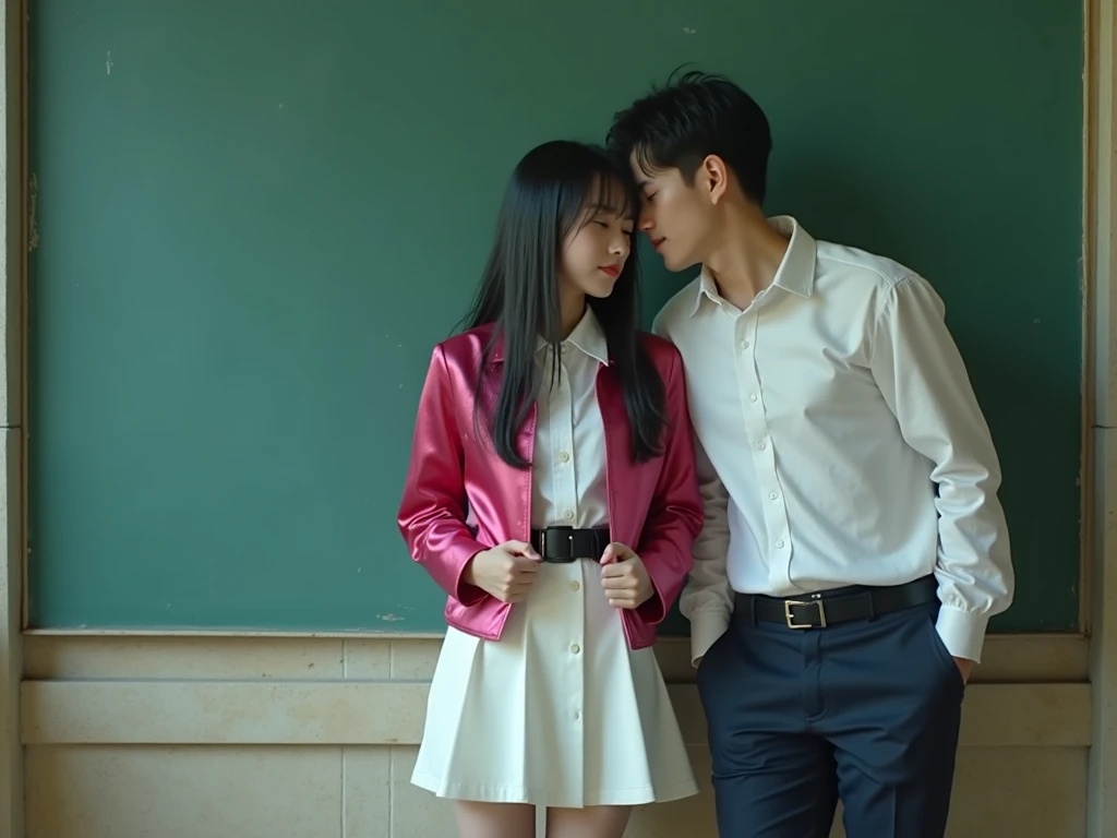 A high school student with long black hair wearing a white button-up shirt, Wear a white skirt、,Tighten your black belt、Wearing a dark shocking pink satin jacket。,With her hands on her hips, she took on a provocative attitude.、She is striking a cute pose.。