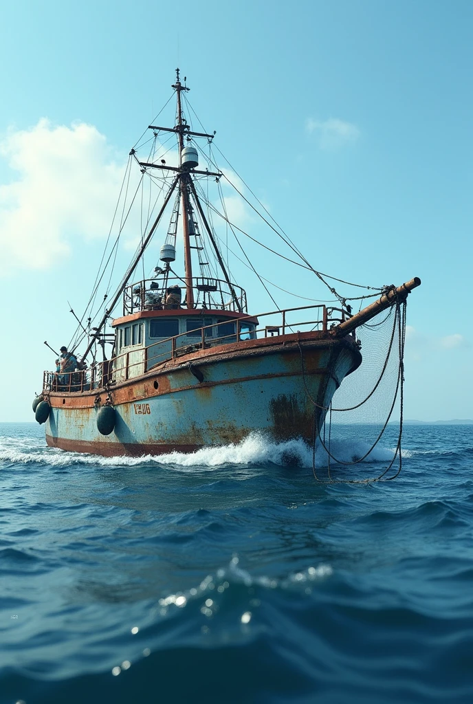 Image of a fishing boat with a fishing net designed to minimize the risk of catching whale sharks.