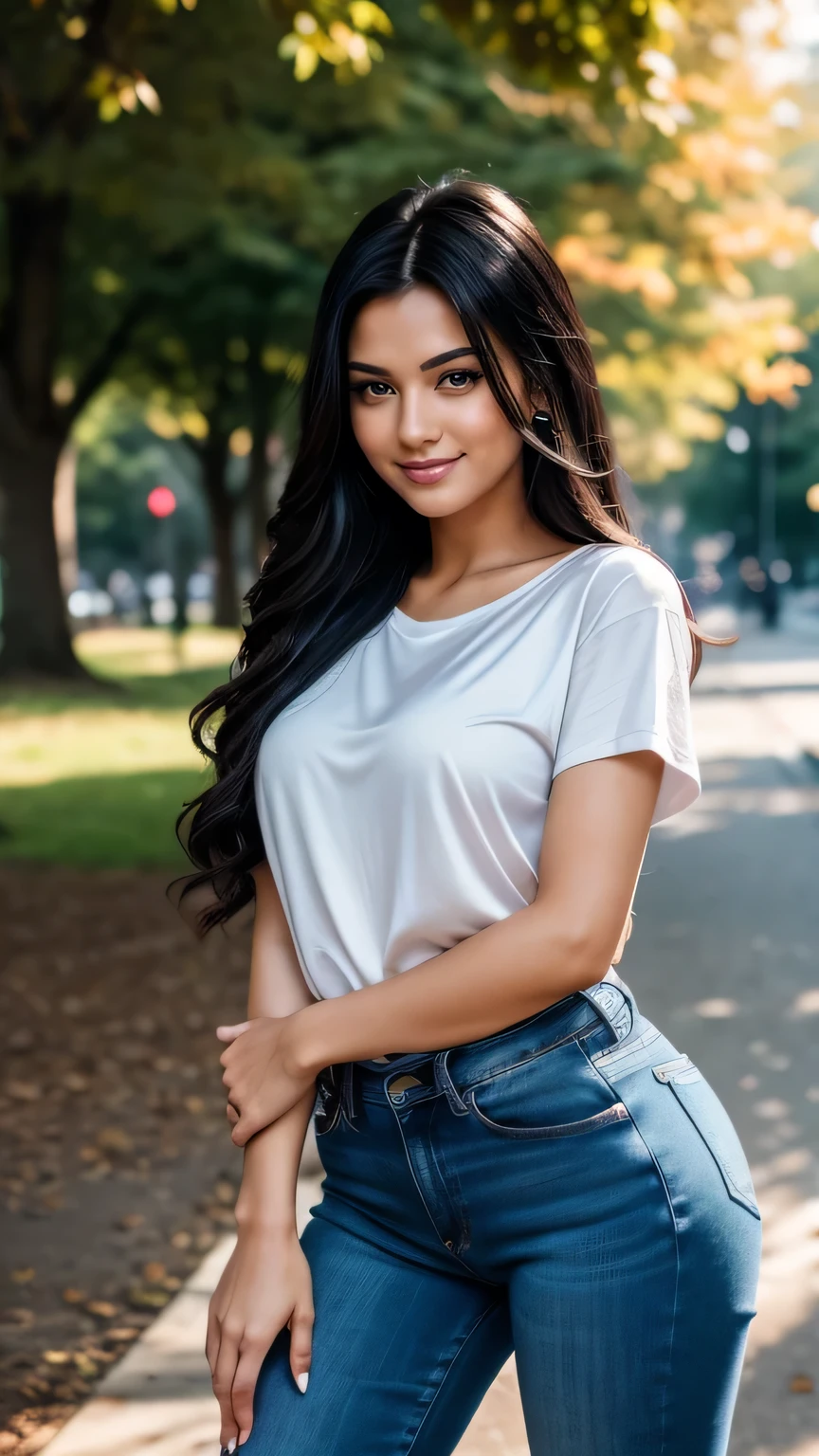 Realistic full body photo of a smiling, Young black-haired woman with long hair, She dances in front of the camera in a purple silk T-shirt and long tight jeans..., Park,glamour fotoshooting, Park, perfect anatomy, perfect brown eyes. Perfect hands with 5 fingers on each hand, Matching girl, looking at the camera, 1 Frau. (Eye make up:1.1), (highly detailed skin:1.1), spirit, analog style, keen focus, 8K  UHD, dslr, good quality, Fujifilm XT3, Grain, Award-winning, ​masterpiece. Park