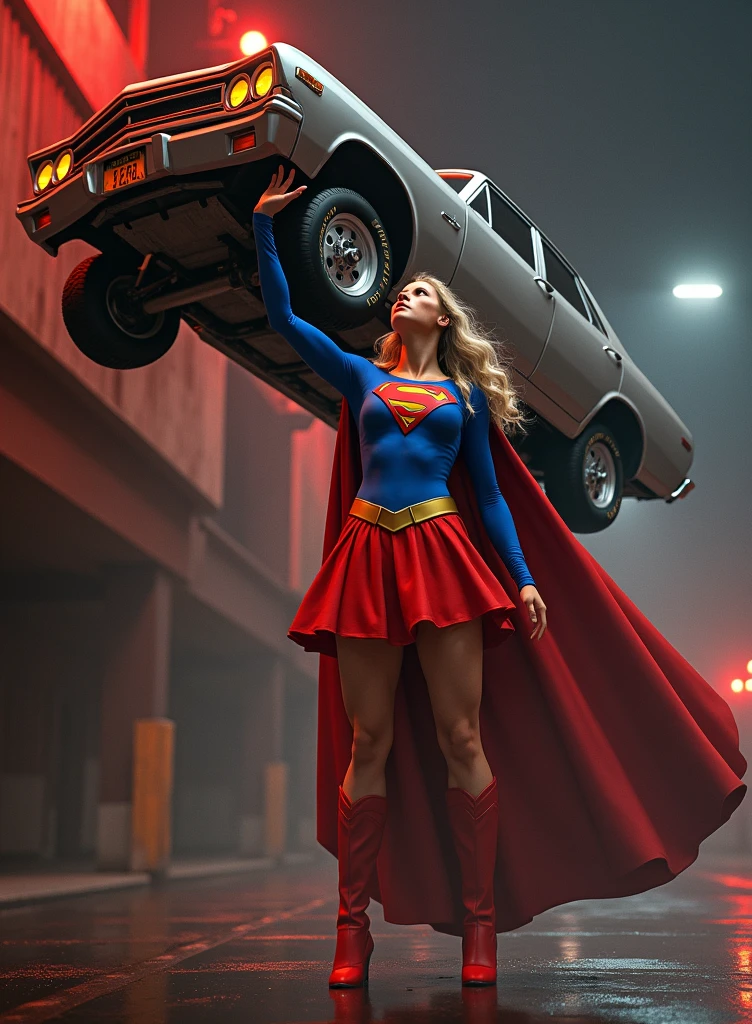 a beautiful girl, supergirl, holding a car with one hand, muscular body, heroic pose, dynamic action, cinematic lighting, volumetric fog, dramatic shadows, hyper detailed, photorealistic, 8k,  concept art, digital painting, muted colors, cinematic composition