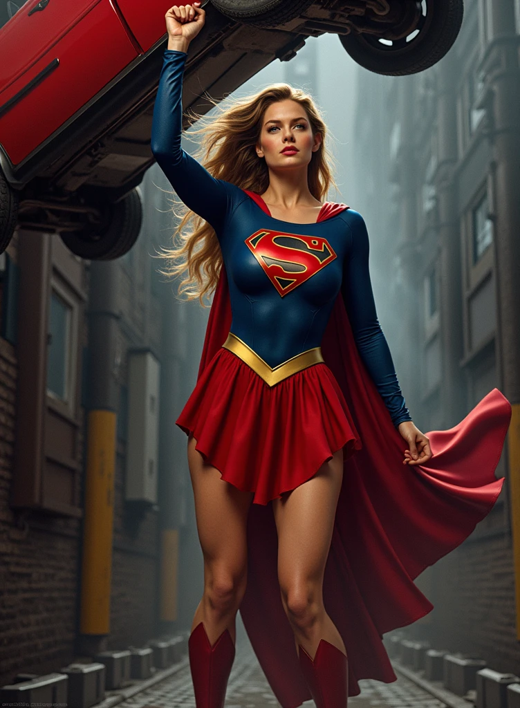 a beautiful girl, supergirl, holding a car with one hand, muscular body, heroic pose, dynamic action, cinematic lighting, volumetric fog, dramatic shadows, hyper detailed, photorealistic, 8k, concept art, digital painting, muted colors, cinematic composition