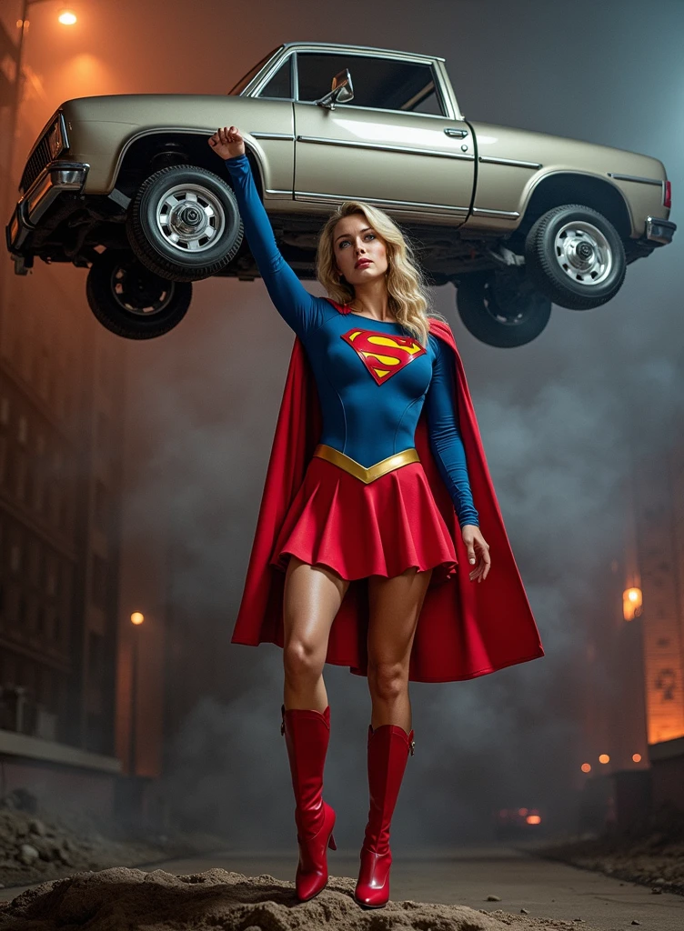 a beautiful girl, supergirl, holding a car with one hand, muscular body, heroic pose, dynamic action, cinematic lighting, volumetric fog, dramatic shadows, hyper detailed, photorealistic, 8k,  concept art, digital painting, muted colors, cinematic composition