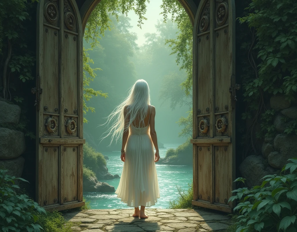 A woman with long white hair,she will wear a white cotton dress and wet,She will be opening and entering a gate to an enchanted garden and there will be a magical river near her.,I want a secret garden kind of vibe and'It's kind of sad,I want the climate closed like an air of sadness
