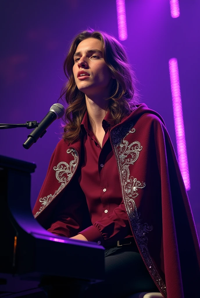 artwork best quality realistic image handsome american male teenager long brown hair flying fair skin with burgundy button down shirt and black pants with burgundy colored cape and hood coat with intricate silver details shining. the teenager is playing the piano. The piano is shining and illuminated. The teenager is singing with a microphone stand in front of him with purple lights around it illuminating him intricate details seen from afar at a concert with details uhq details 8k realism