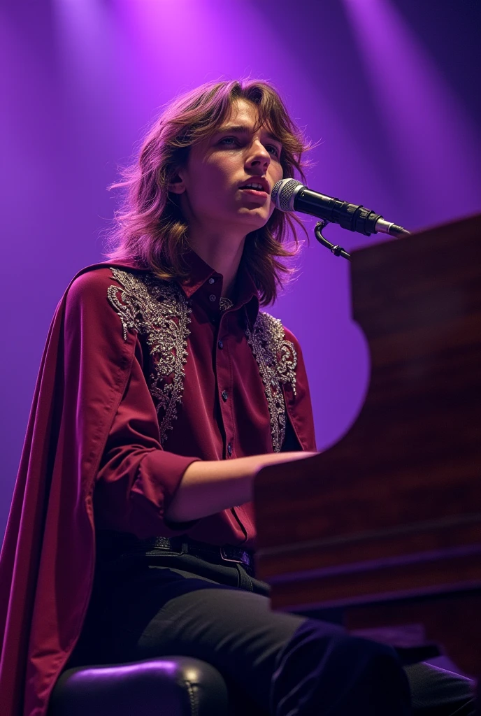 artwork best quality realistic image handsome american male teenager long brown hair flying fair skin with burgundy button down shirt and black pants with burgundy colored cape and hood coat with intricate silver details shining. the teenager is playing the piano. The piano is shining and illuminated. The teenager is singing with a microphone stand in front of him with purple lights around it illuminating him intricate details seen from afar at a concert with details uhq details 8k realism