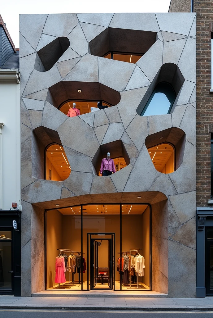 "Design the facade of a modern and exclusive clothing store located in the heart of London, inspired by the bold and deconstructivist architectural style of Daniel Libeskind. The facade features angular, fragmented geometry with irregular stone patterns that simulate natural stone. Embedded within the stone, vibrant tones of rose quartz and citrine quartz are prominently displayed, catching and reflecting light subtly to enhance the luxurious ambiance. Capture this scene with a distant, frontal shot, allowing the entire structure to be viewed in context with its surroundings. The design combines sharp lines, metallic surfaces, and glass elements, creating a striking and avant-garde blend of modern sculpture and urban dynamism. The store's exterior stands out for its uniqueness, boldness, and the seamless integration of natural elements with architectural innovation, perfectly complementing the vibrant and dynamic environment of central London."