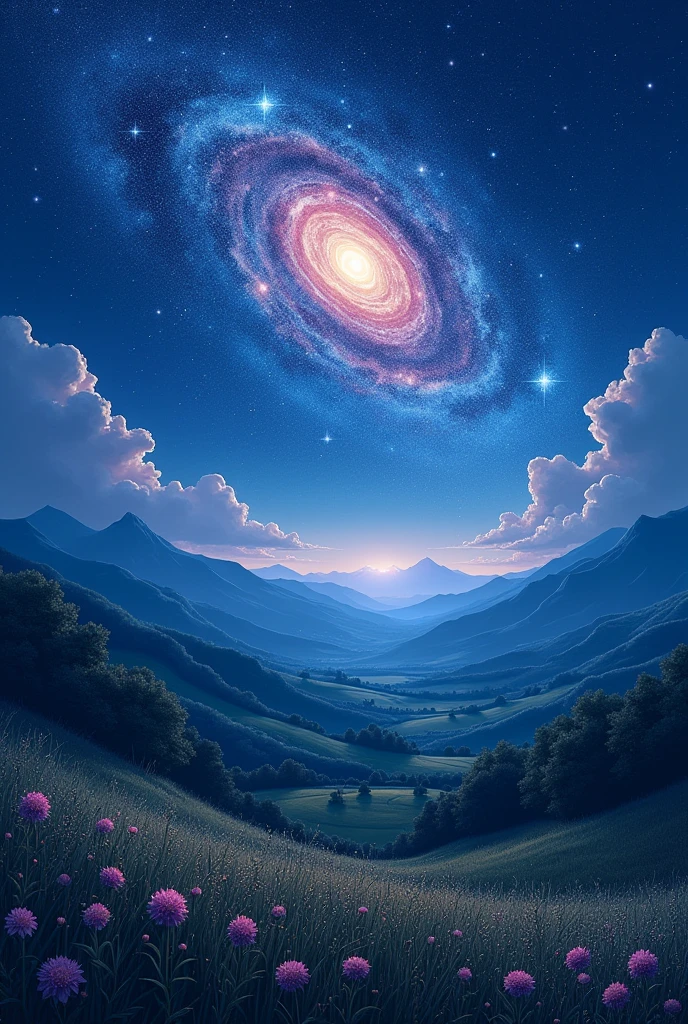 A simple landscape  night view  star galaxy bright 