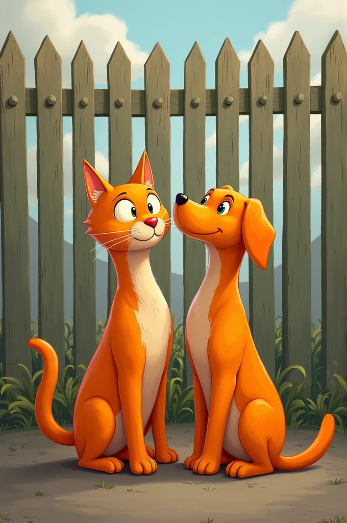 The orange cat and dog standing side by side, facing a tall fence with determination, ready to conquer it together.