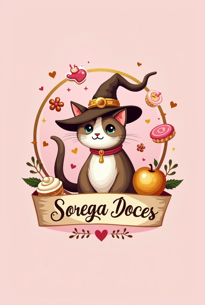 "Design a logo for a candy store called 'Sorega Doces' using a light pink background and other red, gold, and white details. The logo should incorporate the archetypes of the Wizard or Enchantress, Creator, and Lover. The design should evoke a sense of of magic, creativity and love Place the logo inside a golden circular graphic element and make sure the text is in gold and white a cat with a confectioner's hat, sweets, golden apple and hearts.