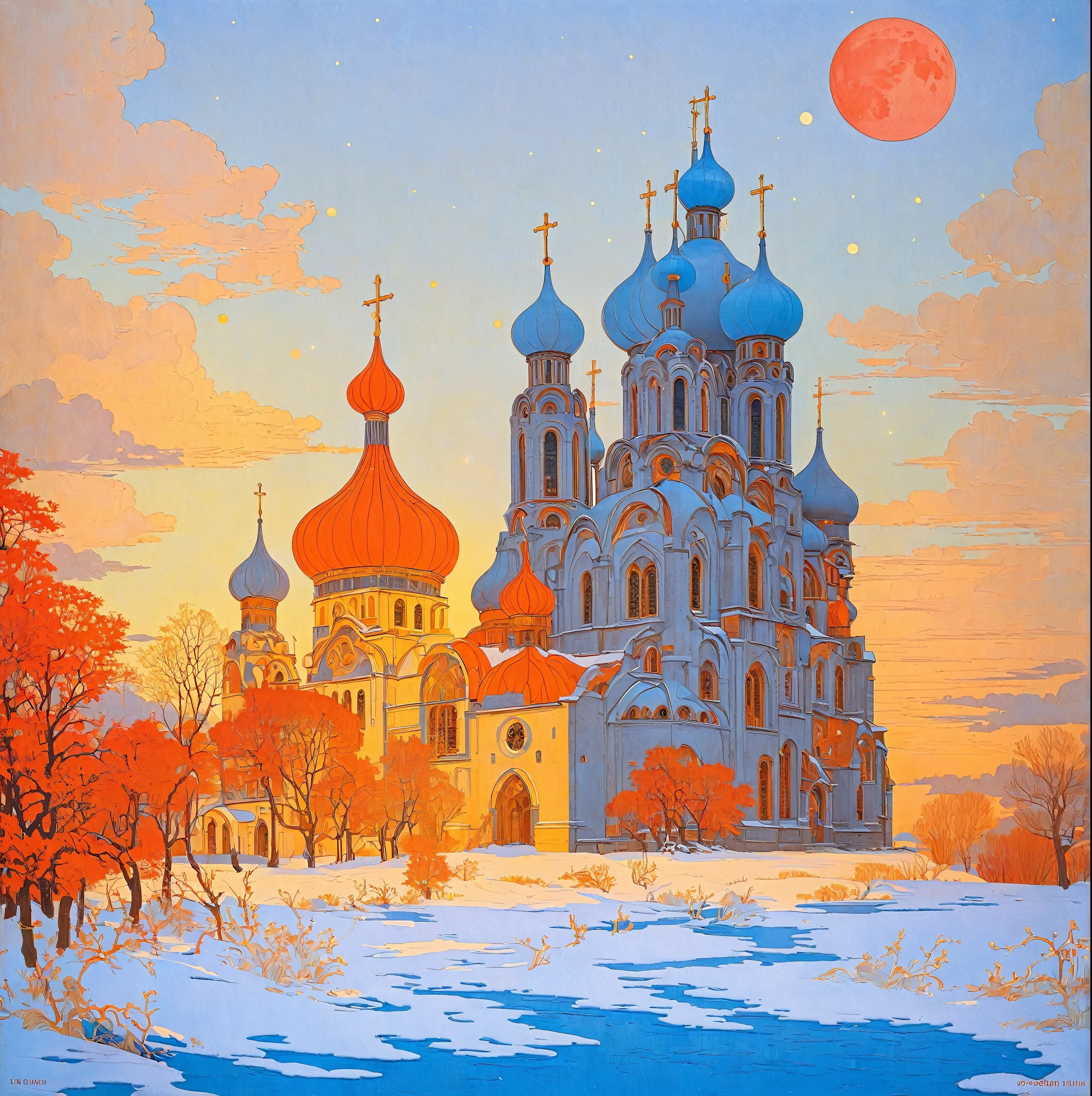 A picture of a church under the red moon, Ivan Bilibin (Ivan Bilibin) of inspiration, slav epic, Inspired by Igor Grabar (Igor Grabar), cathedral of the sun, inspired by Yuri Ivanovich Pimenov, beeple and alphonse mucha, Alexander Deneca, inspired Alexander Deneca, 受到 Andrey Esionov of inspiration