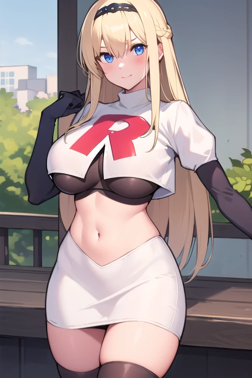 masterpiece, best quality,simple eyes,outdoors,1girl,north carolina,bangs, blonde_hair, blue_eyes,large breasts, eyebrows_visible_through_hair, hairband, long_hair, long_sleeves, looking_at_viewer, team rocket,team rocket uniform,white skirt,red letter R,crop top,black thigh-highs,black elbow gloves