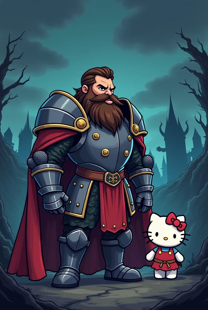Sir Arthur from Ghost N Goblins cartoon with the character: Hello Kitty&#39;s Kuromi by his side in cartoon 
(Try making Sir Arthur with dark brown hair and a brown lumberjack beard) 
Make Kuromi the same size as Sir Arthur Dark Landscape, with creepy demons and gargoyles plus cartoonish Sir Arthur&#39;s armor as a medieval knight