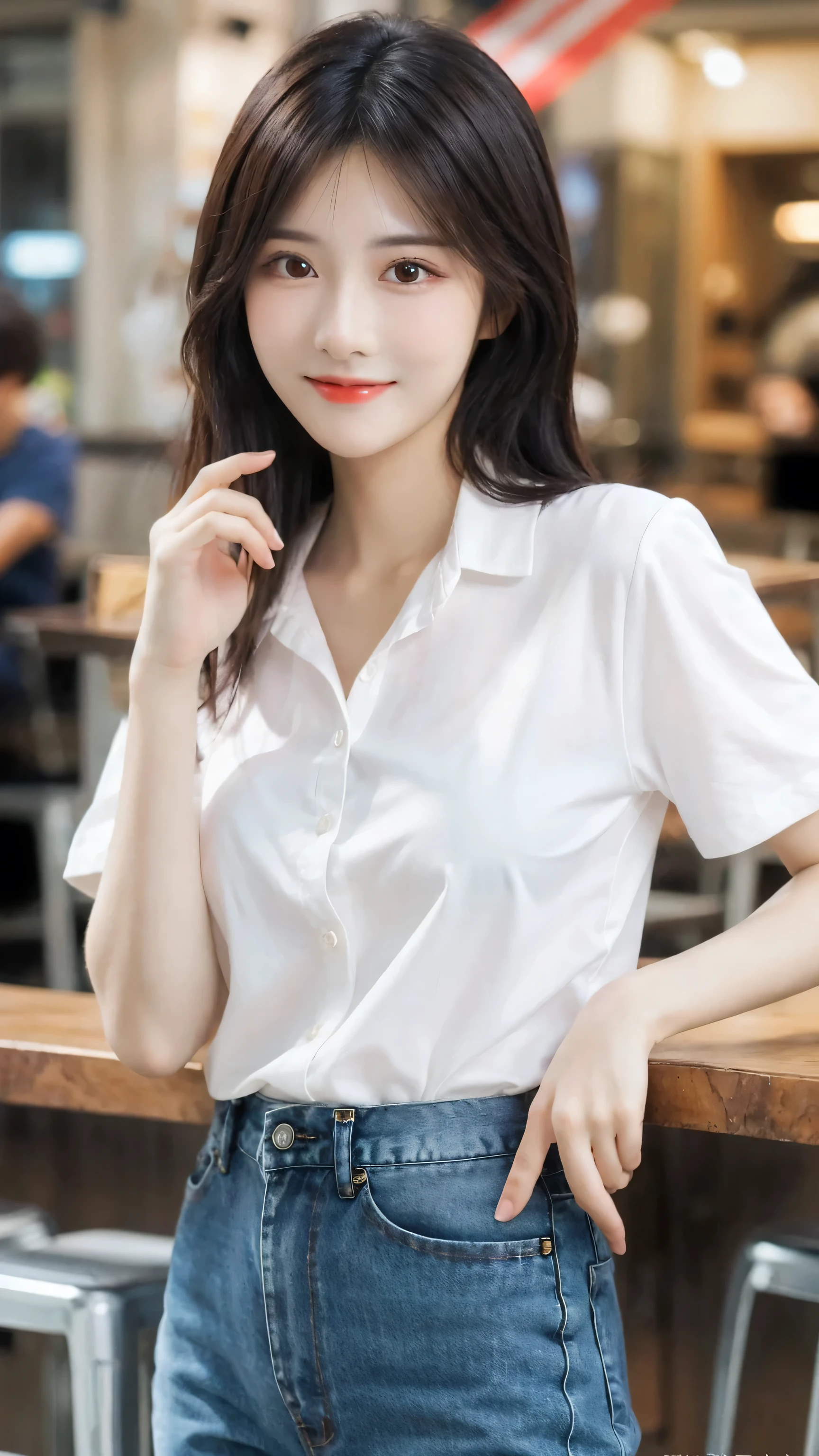 ((Best Quality, 8K, Masterpiece: 1.3)), Sharp Focus: 1.2, A Beautiful Woman with Perfect Figure: 1.4, Slim Abs: 1.2, (Layered Hairstyle,: 1.2)), (Wet White Button Long Shirt: 1.3), Rain: 1.3, Street: 1.2, Wet Body: 1.1, Highly Detailed Face and Skin Texture, Detailed Eyes, Double Eyelids, Big Breasts, Smile,