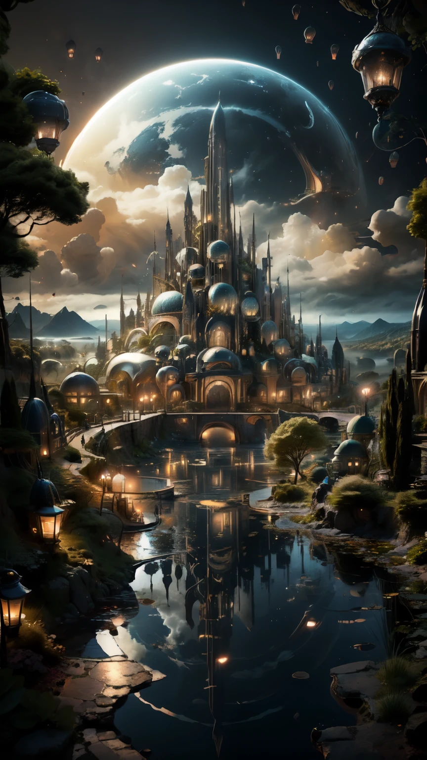 whimsical fairy tale village, cozy cottages, glowing lanterns, floating fluffy clouds, dreamy nighttime scene, stone pathway, serene pond, fantasy landscape, enchanted atmosphere, intricate details, vibrant colors, highly detailed, ethereal mood, magical realism, fantasy art