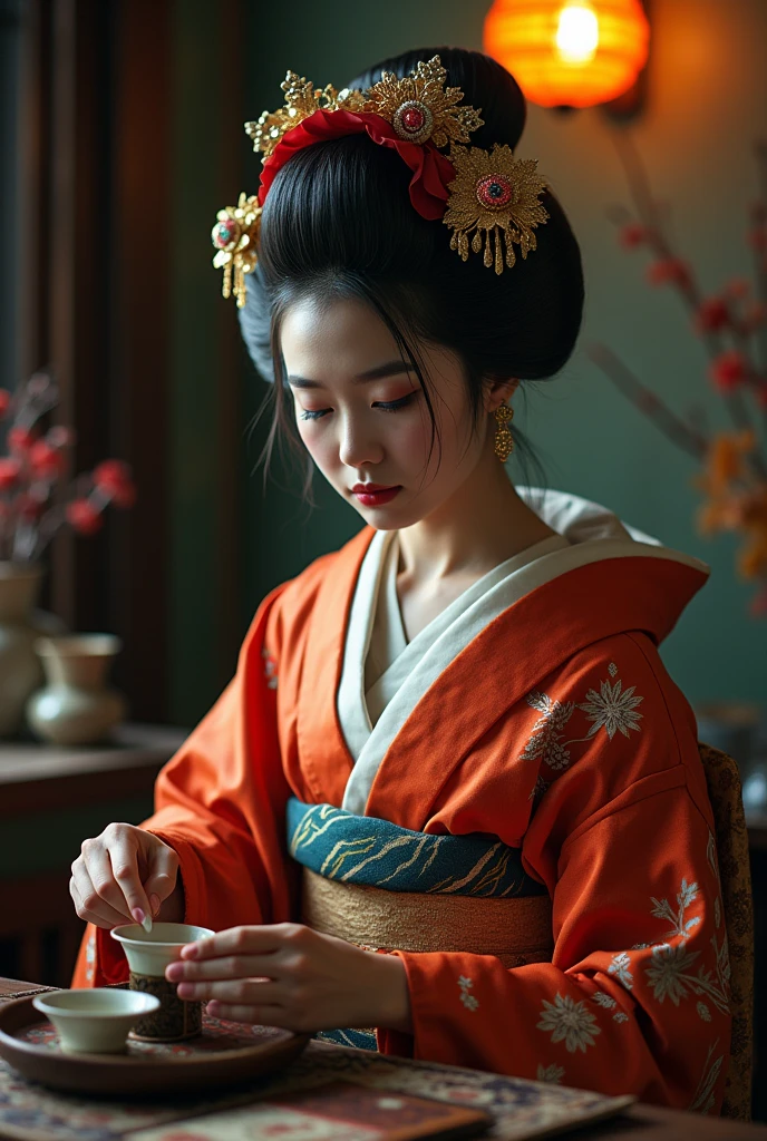 Create picture full body of a Asia girl 20yo, (jisoo blackpink)  hair and makeup like a geisha, wearing a geisha outfit, body tattoo ,frayed,
sitting and Make tea for yakuza, Atmosphere of ancient Japan,64k, grainy images, high resolution photos, strong contrast, Telephoto Lens, the image is dynamic, random post, random view,