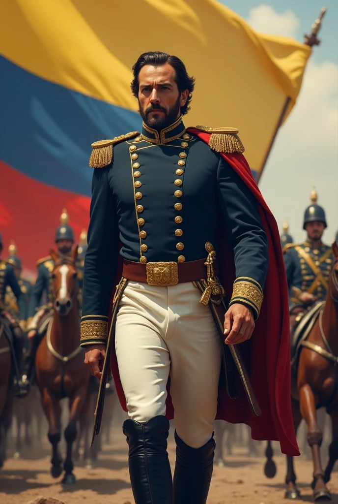 Simon Bolivar, A tall man, Powerful and Attractive. Dictator of his nation, Great Colombia, wearing a military uniform, dark blue military jacket, with gold buttons and period ornaments, epaulettes on the shoulders, white pants, black leather thigh high boots and a leather belt with a gold buckle, a sword on his belt as a symbol of his authority and leadership along with a dark cloak. March with his army., waving the tricolor flag of great Colombia with horizontal stripes Yellow, blue and red
