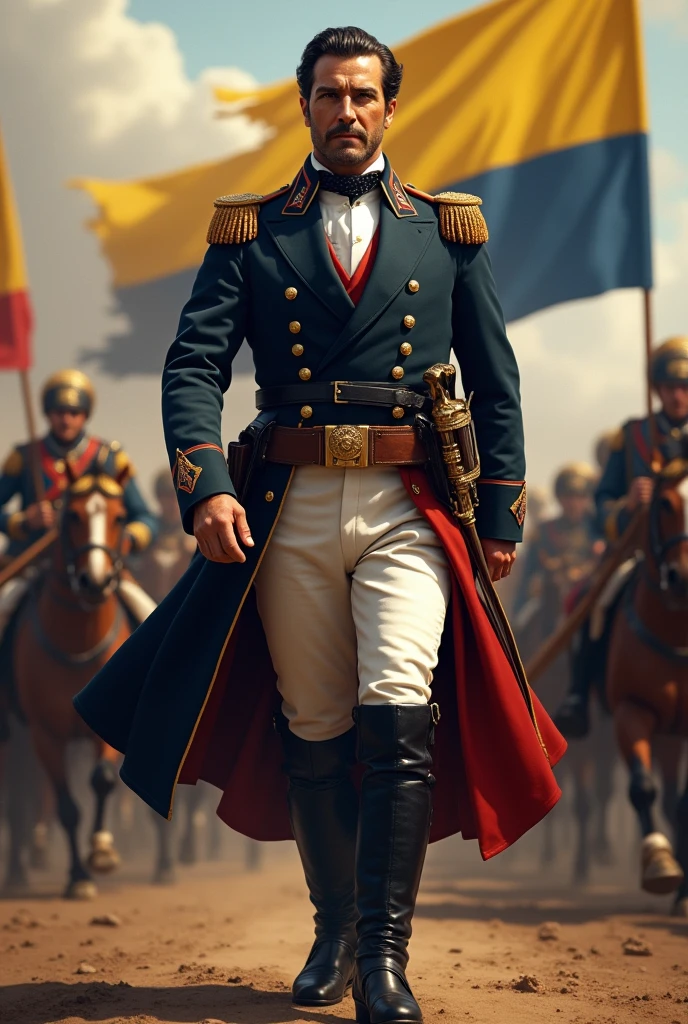 Simon Bolivar, A tall man, Powerful and Attractive. Dictator of his nation, Great Colombia, wearing a military uniform, dark blue military jacket, with gold buttons and period ornaments, epaulettes on the shoulders, white pants, black leather thigh high boots and a leather belt with a gold buckle, a sword on his belt as a symbol of his authority and leadership along with a dark cloak. March with his army., waving the tricolor flag of great Colombia with horizontal stripes Yellow, blue and red
