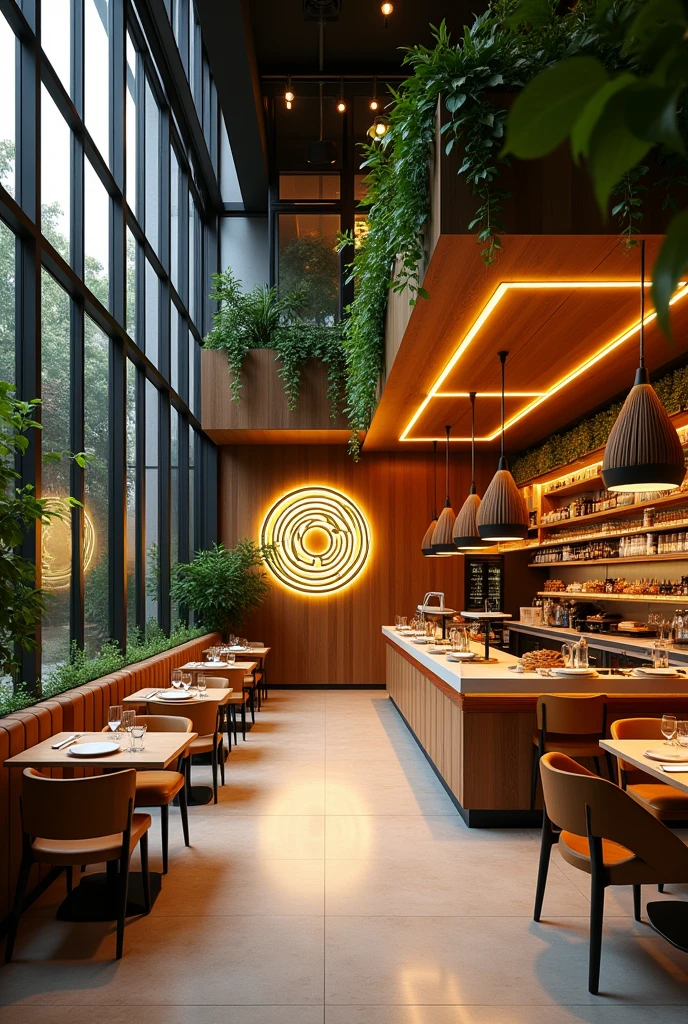 Create an image of a fast food restaurant called Urkunina with large windows and yellow lights inside that has plants and looks elegant. , and that has fast food and 3d logos